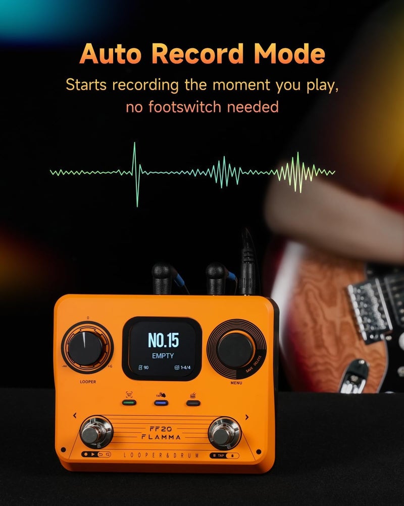 FLAMMA FF20 Looper Pedal Drum Machine, Drum Looper Guitar Pedal with Screen, 300 Min Recording, 220 Drum Grooves, 100 Loop Slots, Time Stretch, Auto Record, USB & Headphone Out, for Guitar and Bass - Image 5